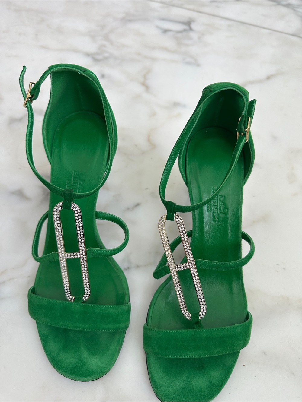 Hermes Emerald Green Suede Rhinestone T-Strap Heels